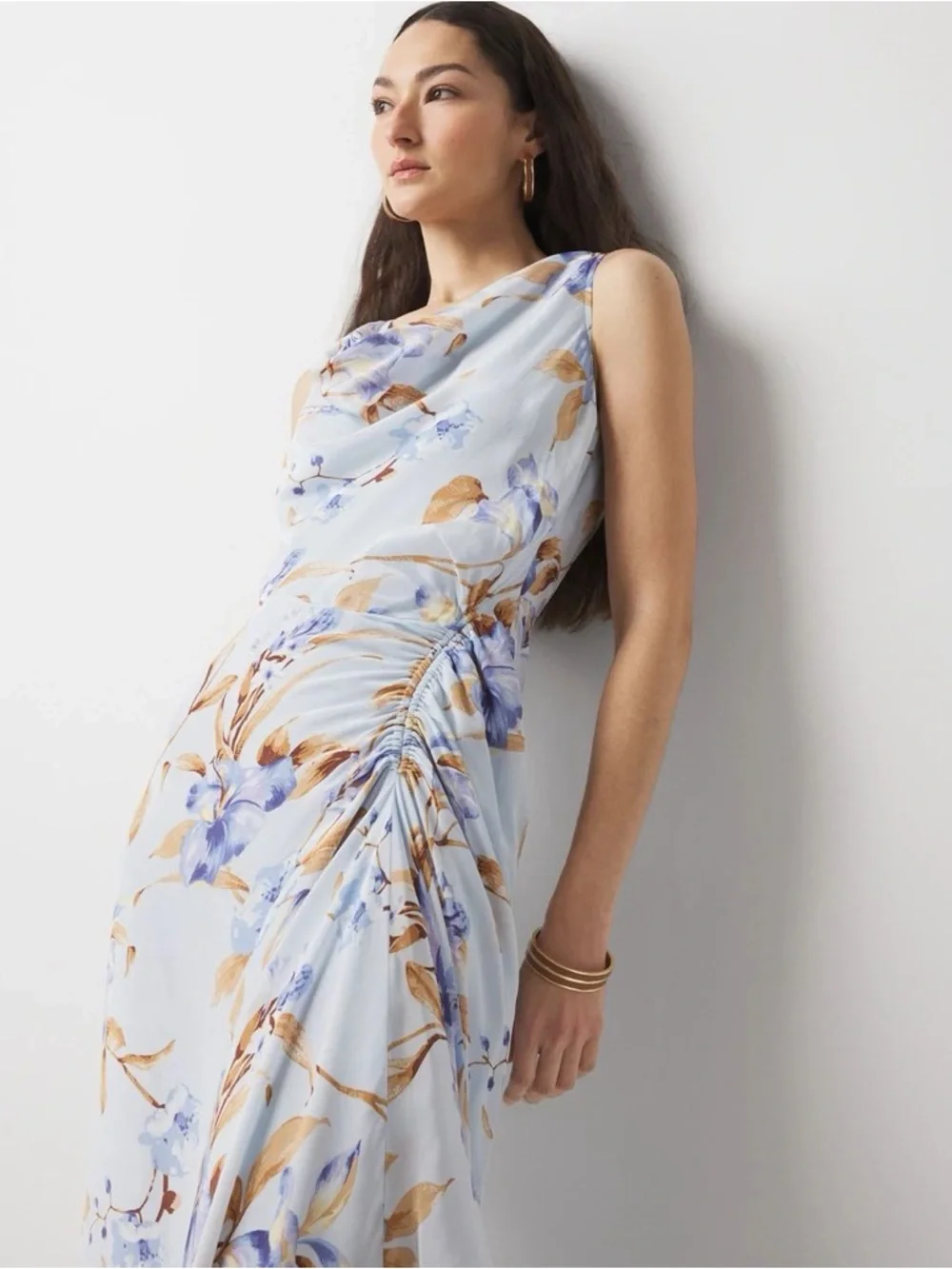 WHITEHOUSE BLACKMARKET•petite cowl neck floral ruched midi dress 8P EUC - Picture 3 of 8
